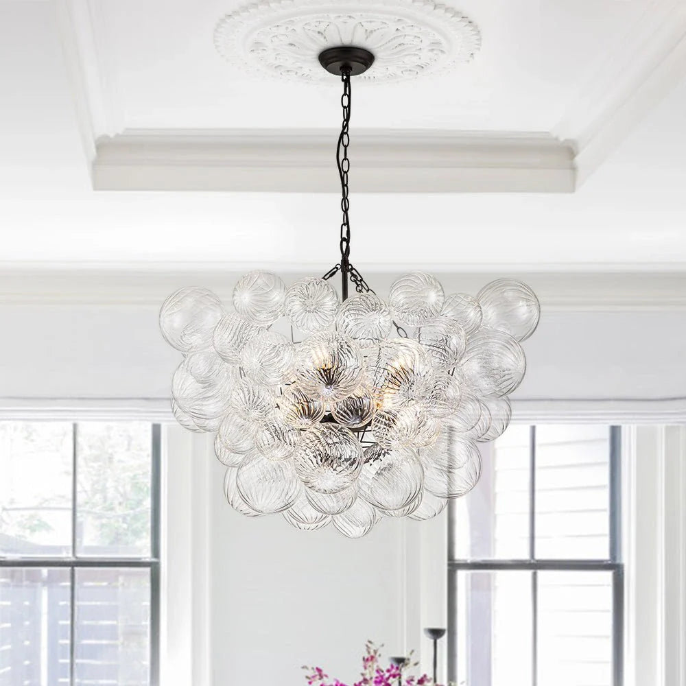 Kronleuchter im Mid-Century-Stil mit gerippten Glaskugeln und verstellbarer Aufhängung
