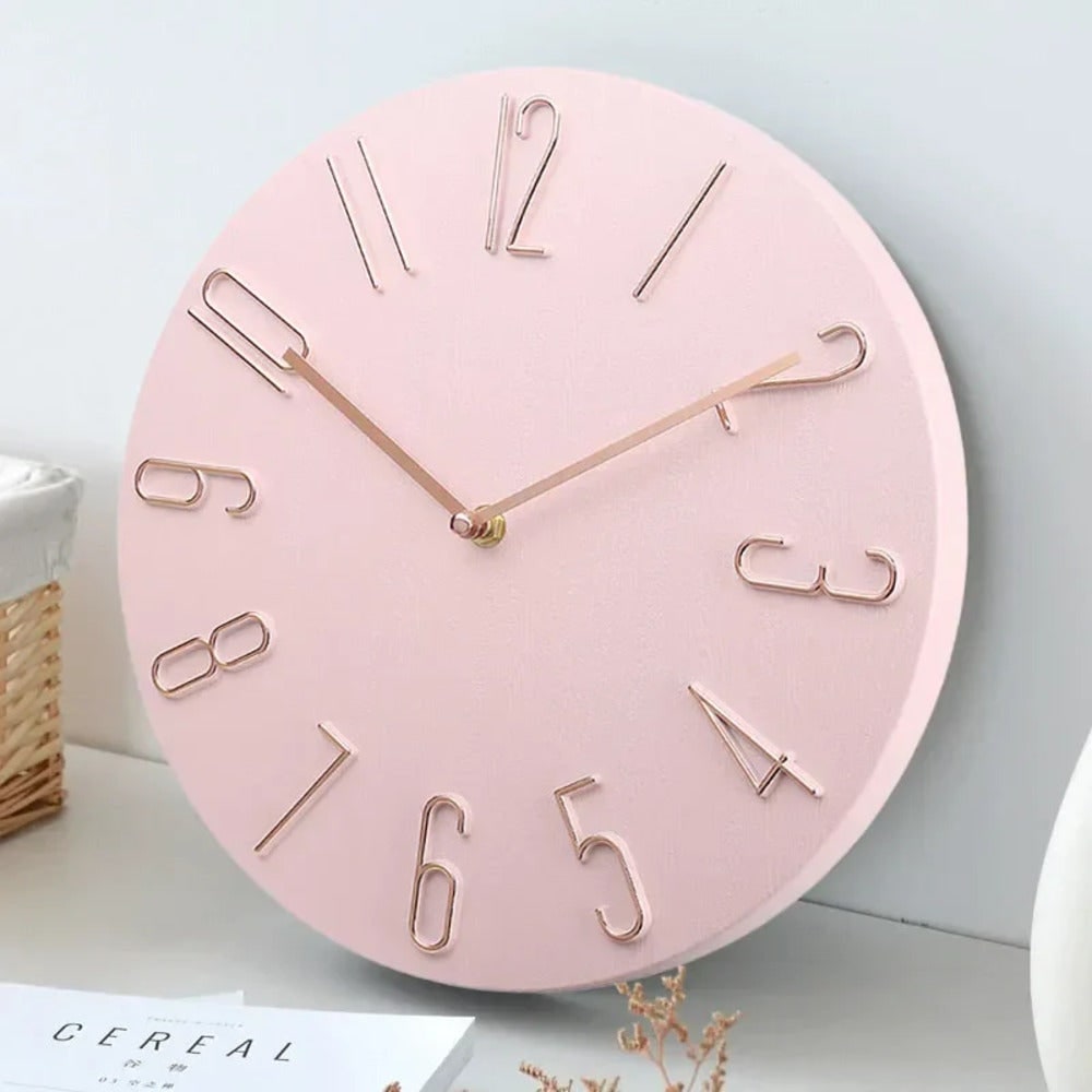 Wall Clock with Raised Wire Numbers and Wood Grain Dial Silent Modern Round - Image 1