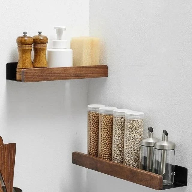 Wall Mounted Floating Shelves with Wooden Rail and Metal Bracket for Bathroom Storage - Image 1