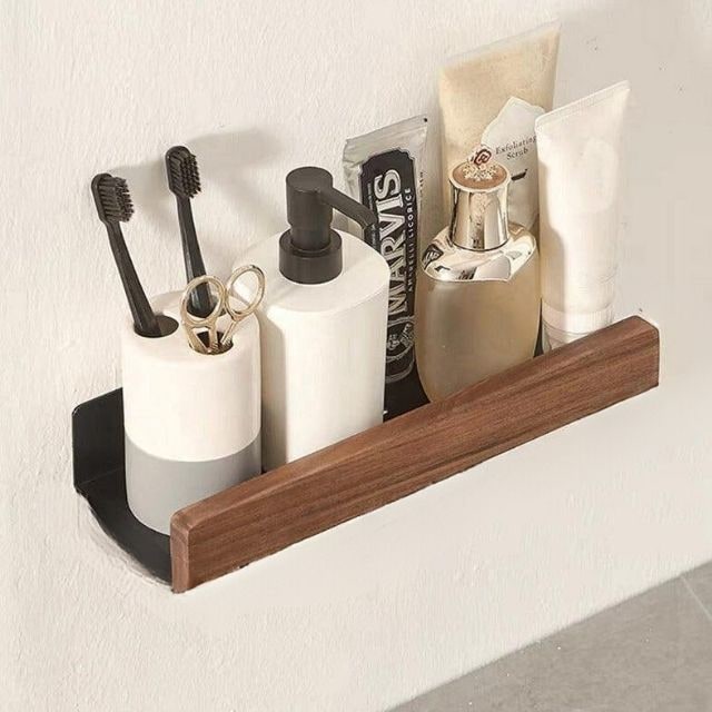 Wall Mounted Floating Shelves with Wooden Rail and Metal Bracket for Bathroom Storage - Image 2