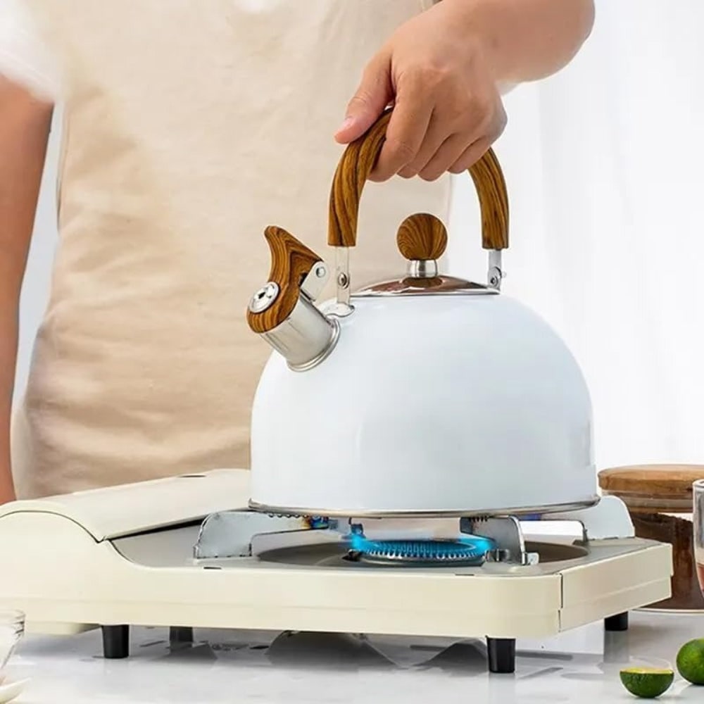 Whistling Tea Kettle Stovetop with Stainless Steel Body and Wood Grain Handle - Image 2