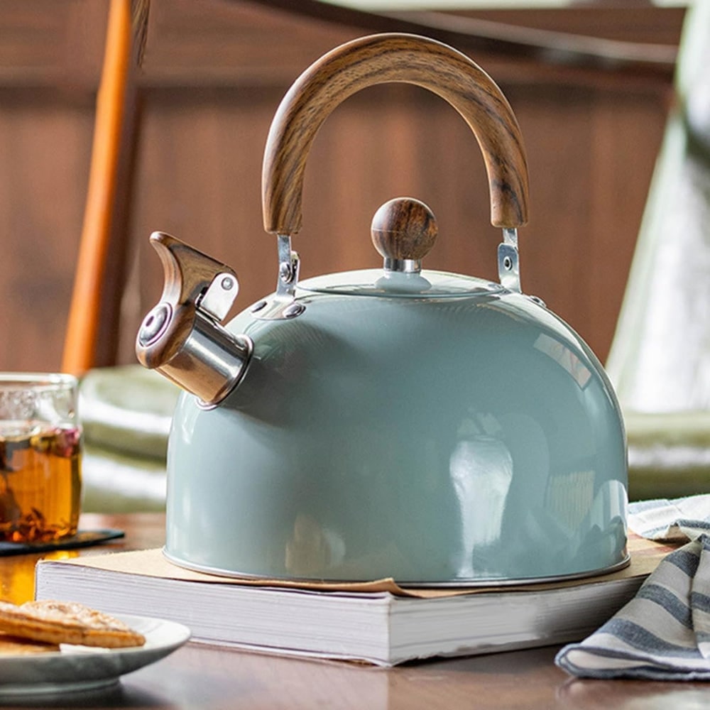Whistling Tea Kettle Stovetop with Stainless Steel Body and Wood Grain Handle - Image 6