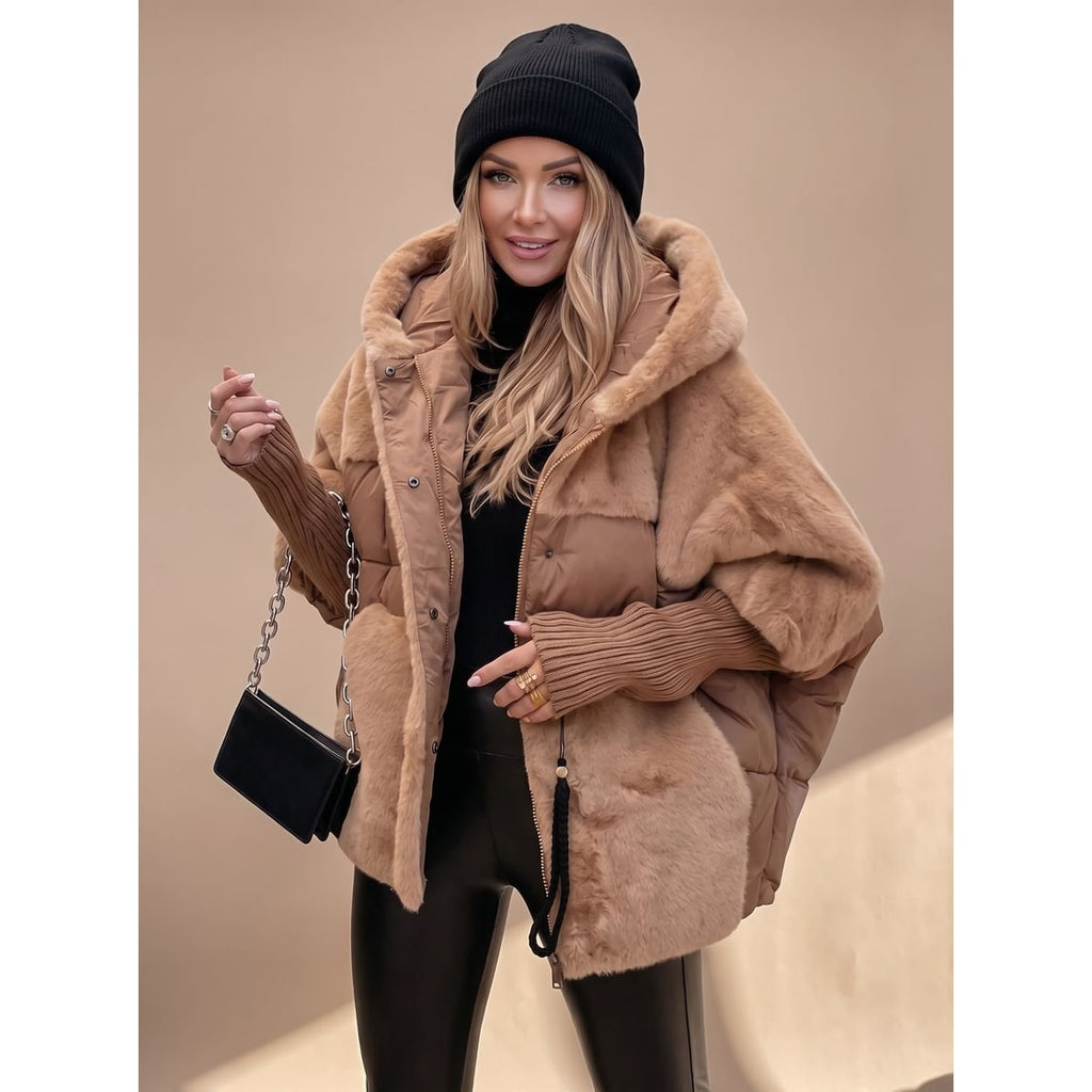 Women's Black Puffer Jacket with Faux Fur Panels and Hybrid Quilted Design - Image 1