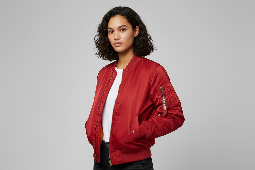 Women's Bomber Jacket with Utility Sleeve Pocket and Satin Finish - Image 1