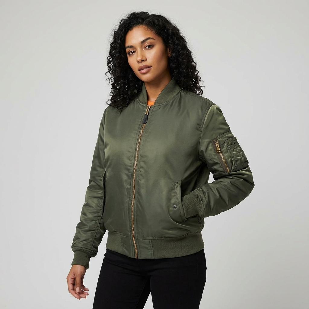 Women's Bomber Jacket with Utility Sleeve Pocket and Satin Finish - Image 11
