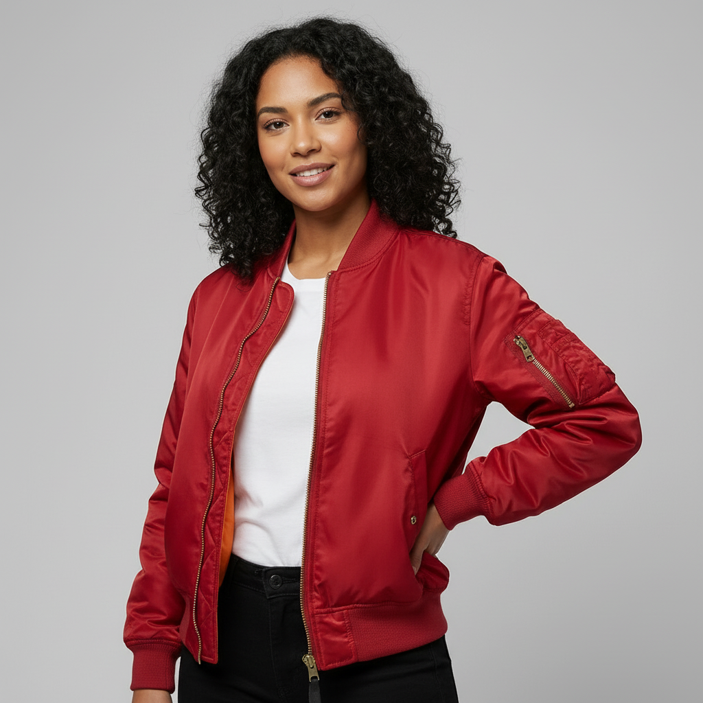 Women's Bomber Jacket with Utility Sleeve Pocket and Satin Finish - Image 2