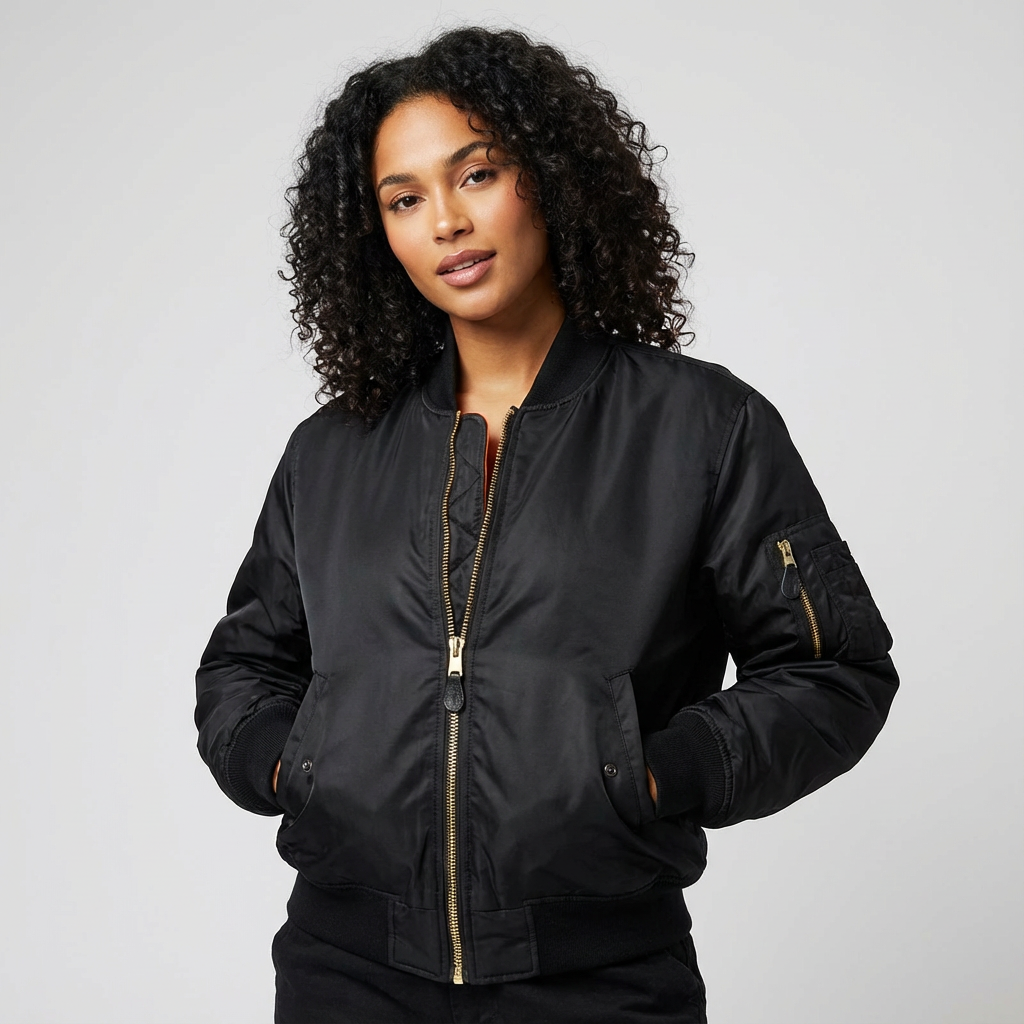Women's Bomber Jacket with Utility Sleeve Pocket and Satin Finish - Image 3
