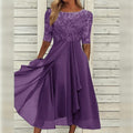 Women's Fall Wedding Guest Midi Dress with Lace Bodice and Draped Chiffon Sleeves - Image 1