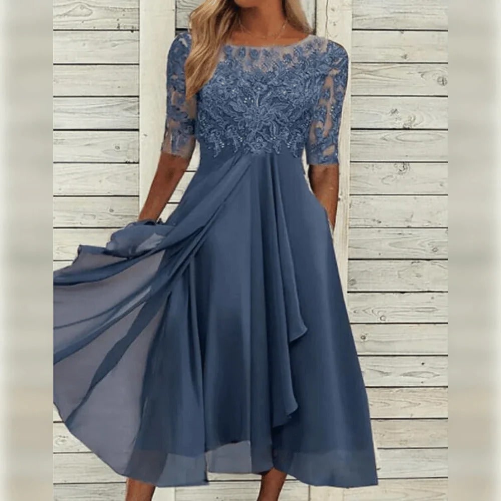 Women's Fall Wedding Guest Midi Dress with Lace Bodice and Draped Chiffon Sleeves - Image 4