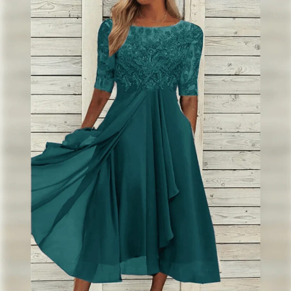 Women's Fall Wedding Guest Midi Dress with Lace Bodice and Draped Chiffon Sleeves - Image 7