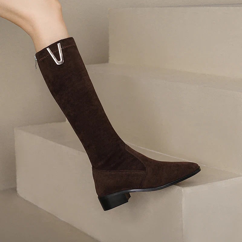 Women's Knee High Boots with Faux Suede Upper Low Block Heel and Almond Toe - Image 3