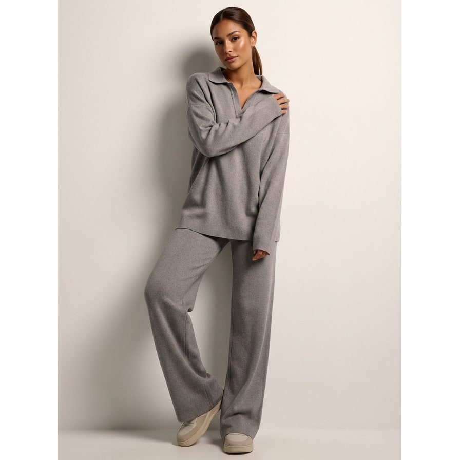 Women's Knit Loungewear Set with Polo Sweater and Wide Leg Pants - Image 11