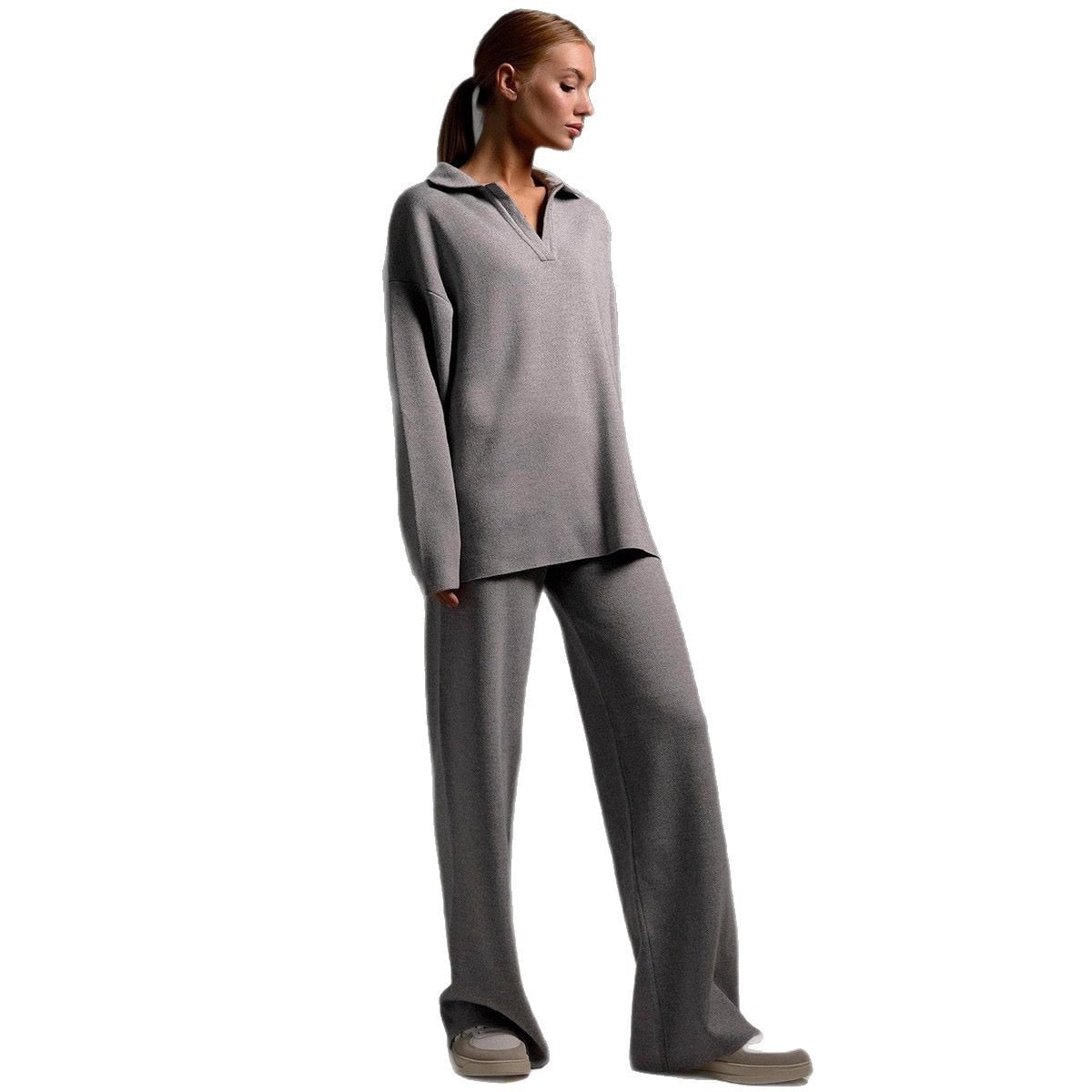 Women's Knit Loungewear Set with Polo Sweater and Wide Leg Pants - Image 13