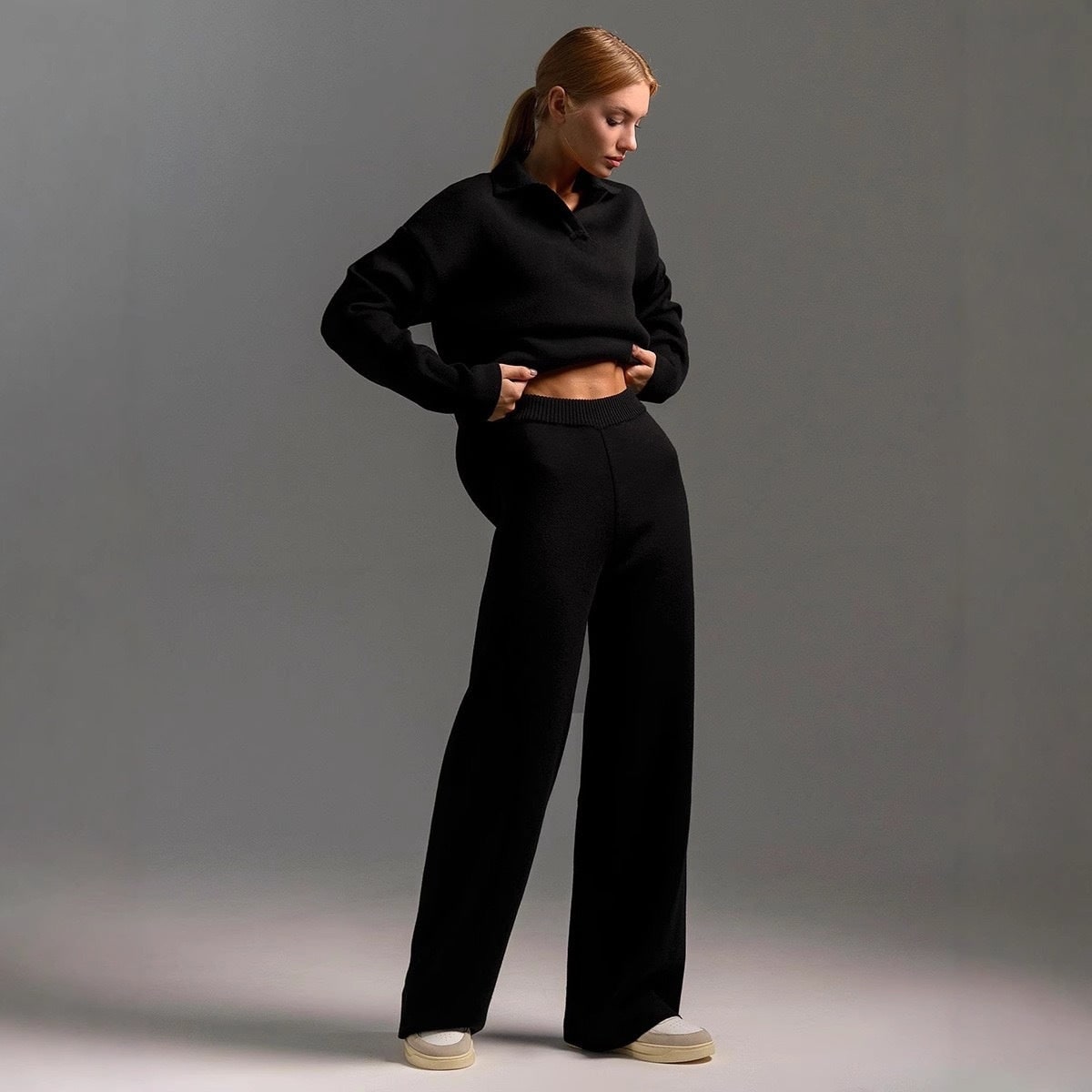 Women's Knit Loungewear Set with Polo Sweater and Wide Leg Pants - Image 8