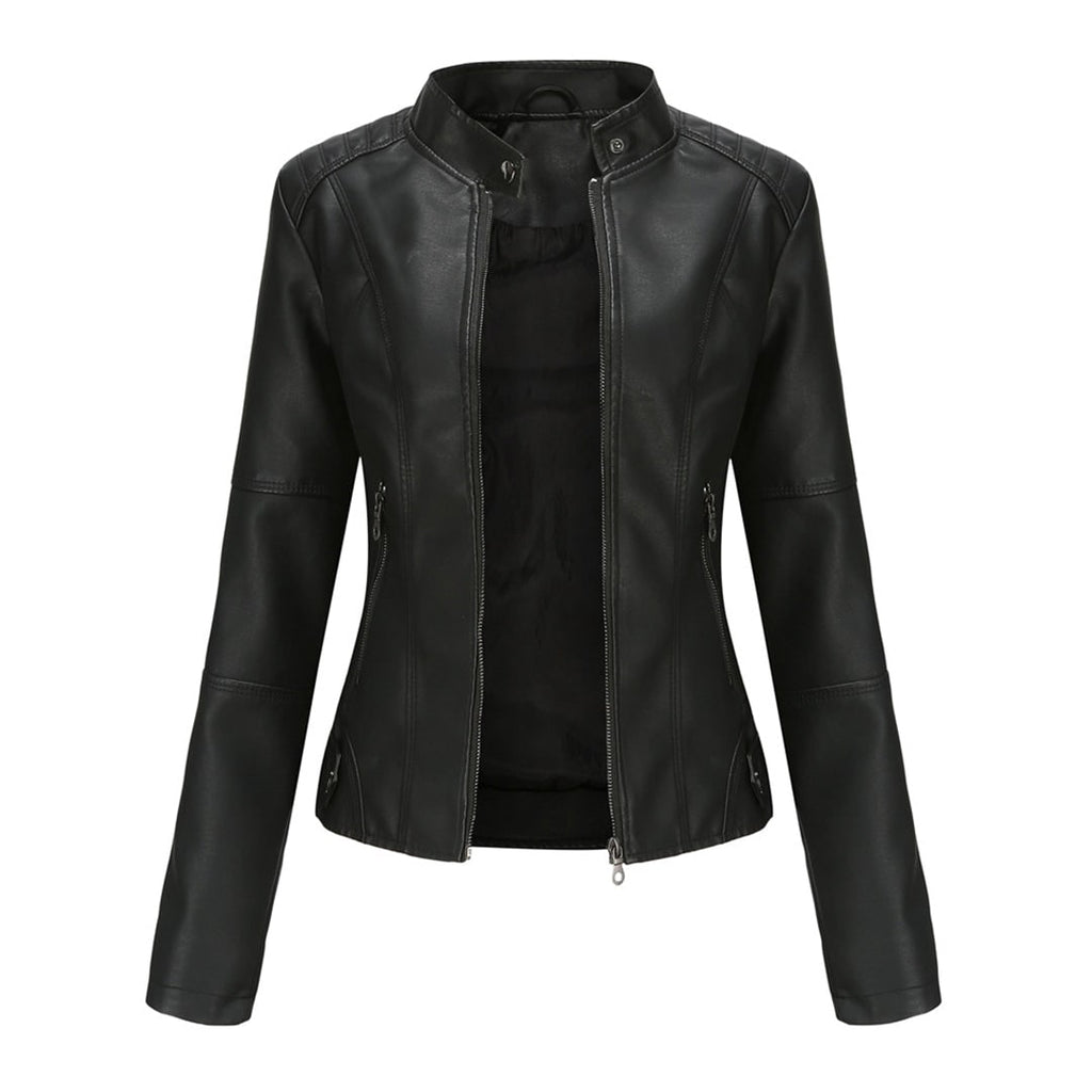 Women's Leather Moto Jacket with Faux Quilted Shoulders and Slim Fit - Image 1
