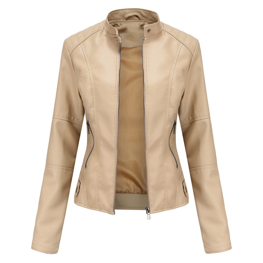 Women's Leather Moto Jacket with Faux Quilted Shoulders and Slim Fit - Image 7