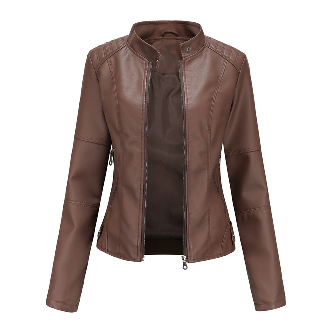 Women's Leather Moto Jacket with Faux Quilted Shoulders and Slim Fit - Image 8