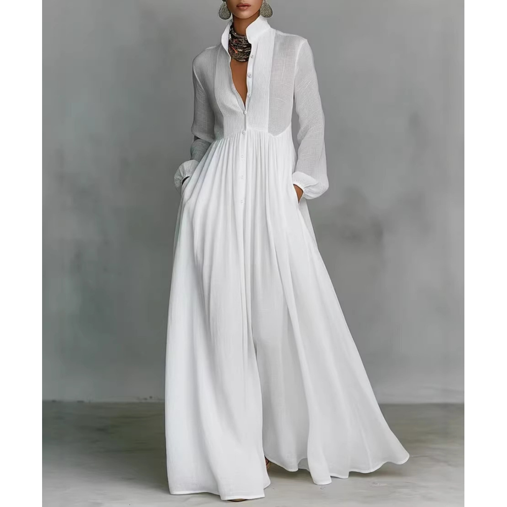Women's Long Sleeve Pleated Maxi Dress with Balloon and Pockets - Image 1