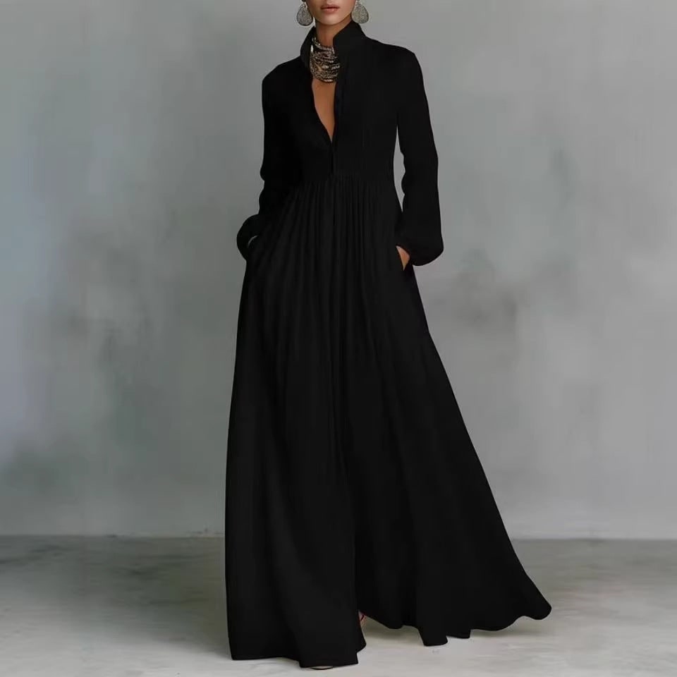 Women's Long Sleeve Pleated Maxi Dress with Balloon and Pockets - Image 4