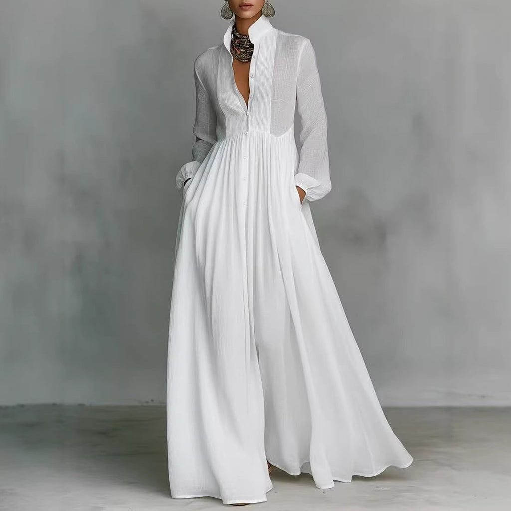 Women's Long Sleeve Pleated Maxi Dress with Balloon and Pockets - Image 5