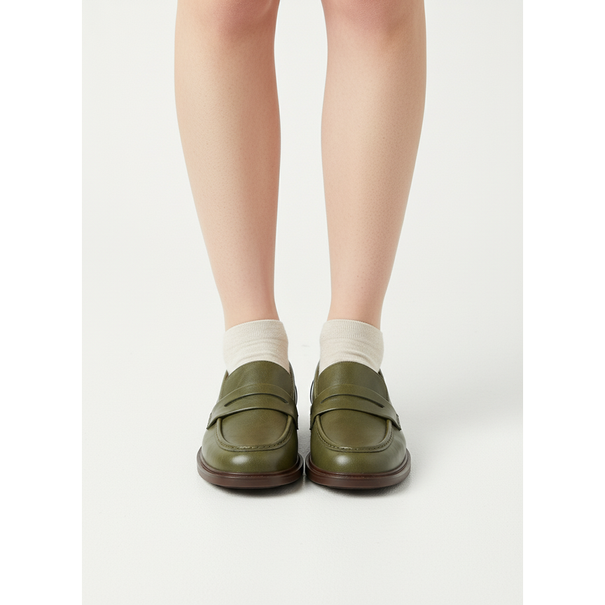 Women's Penny Loafers with Smooth Leather Round Toe and Low Block Heel - Image 1