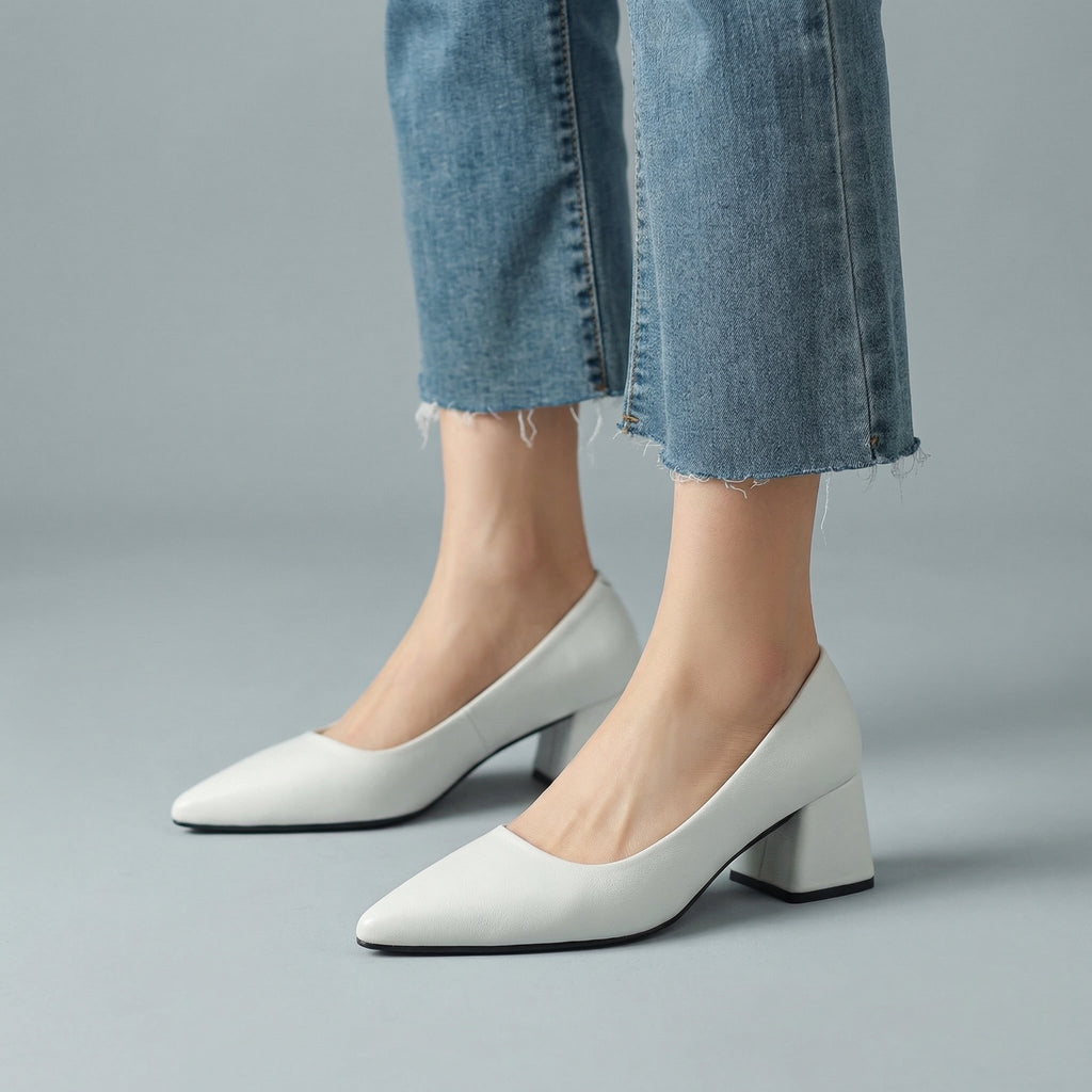 Women's Pointed Toe Block Heel Pumps with Leather Upper and Padded Insole - Image 1