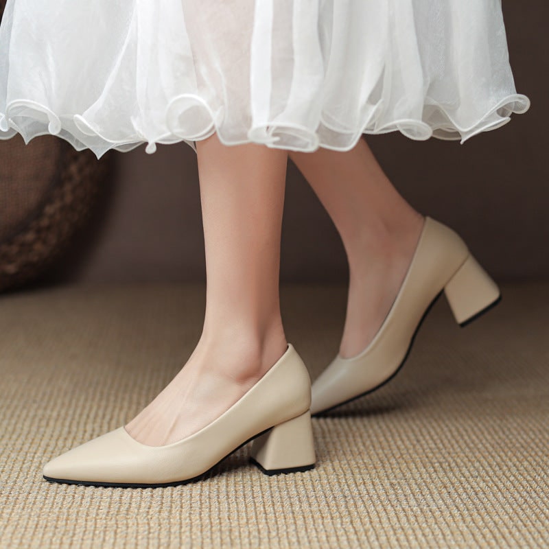 Women's Pointed Toe Block Heel Pumps with Leather Upper and Padded Insole - Image 8