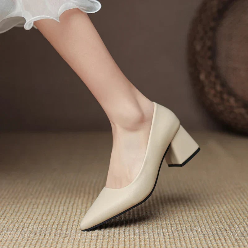 Women's Pointed Toe Block Heel Pumps with Leather Upper and Padded Insole - Image 9