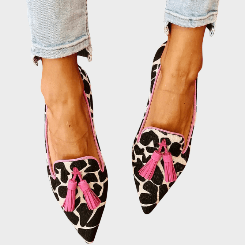 Women's Pointed Toe Tassel Loafers with Animal Print and Calf Hair Texture - Image 1