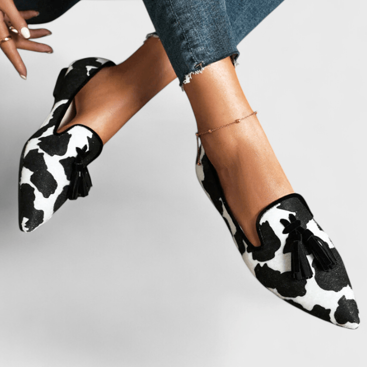 Women's Pointed Toe Tassel Loafers with Animal Print and Calf Hair Texture - Image 2