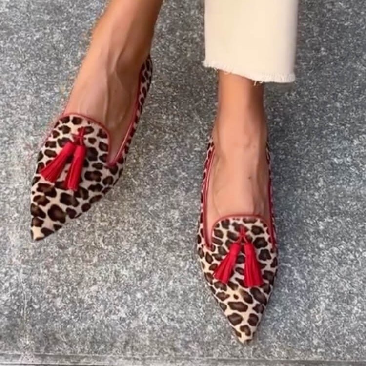 Women's Pointed Toe Tassel Loafers with Animal Print and Calf Hair Texture - Image 5