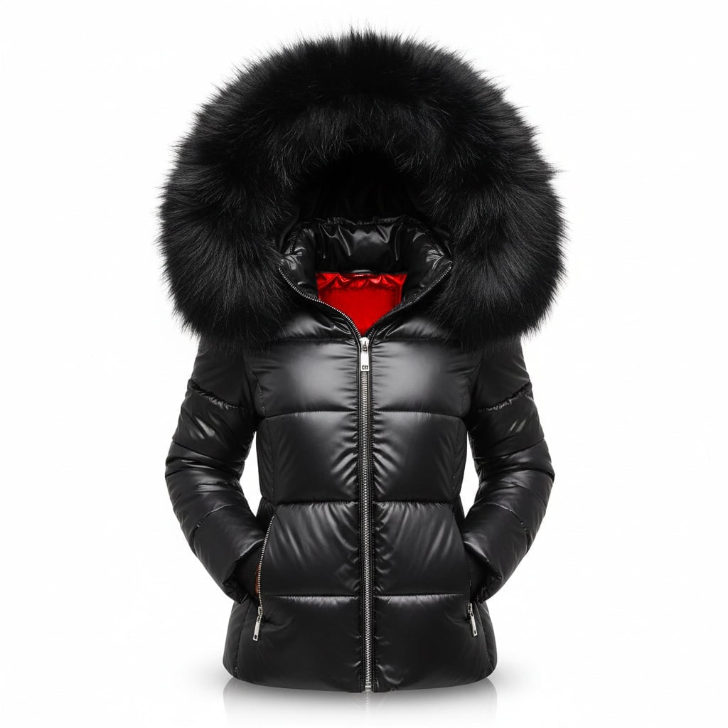 Women's Puffer Jacket with Quilted Design Faux Fur Hood and Zip Pockets - Image 1