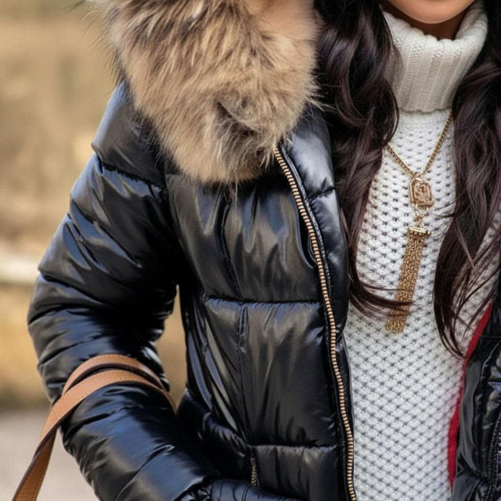 Women's Puffer Jacket with Quilted Design Faux Fur Hood and Zip Pockets - Image 5