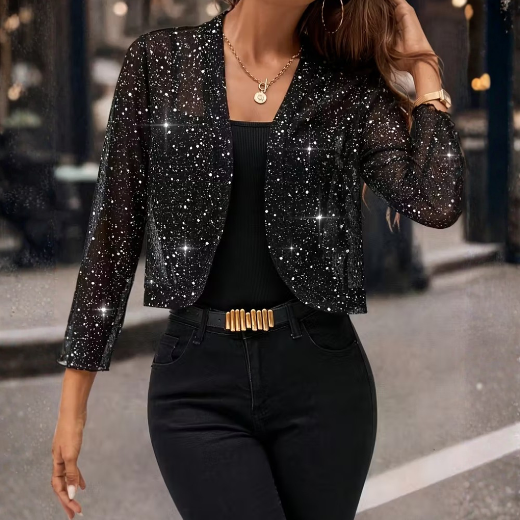 Women's Sequin Bolero Shrug with Long Sleeves and Cropped Open Front Mesh - Image 2