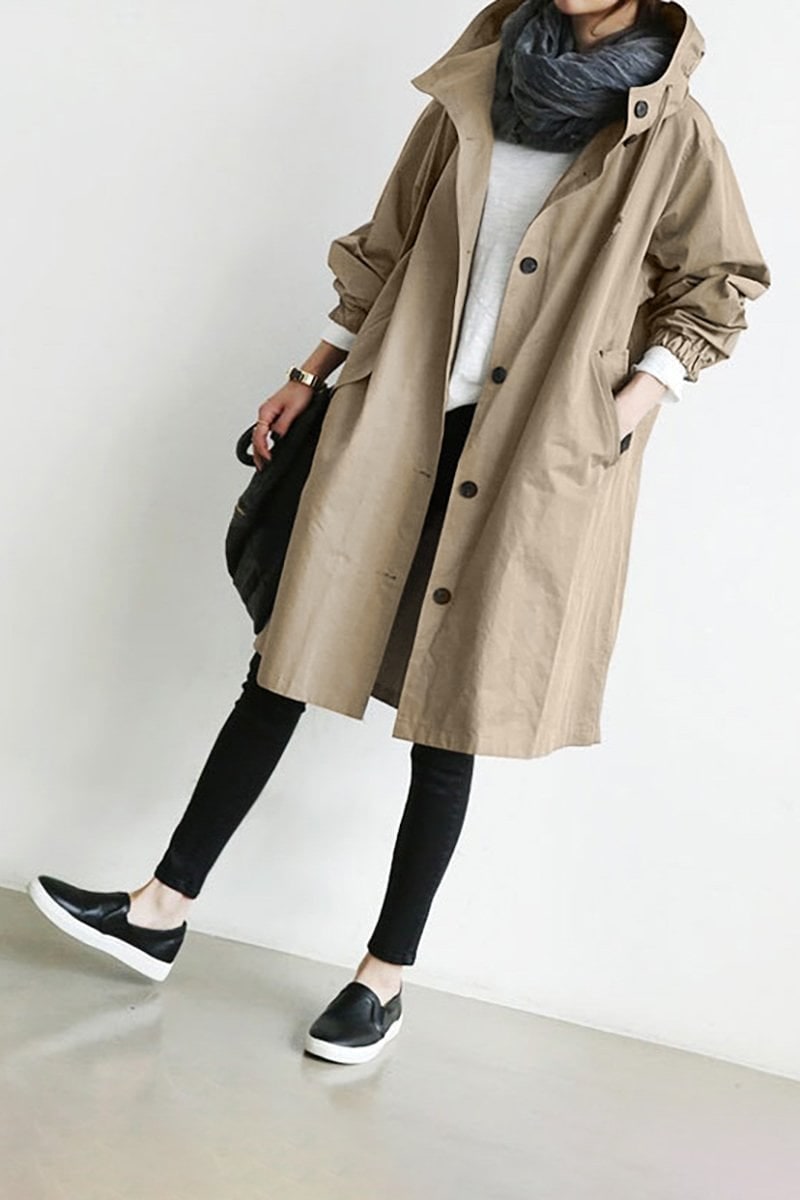 Women's Trench Coat with Hood and Drawstring Waist Lightweight Oversized Rain Jacket - Image 7