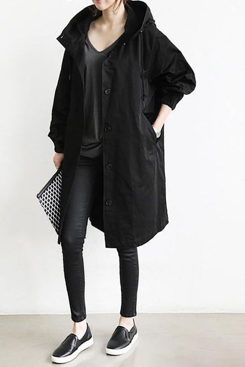 Women's Trench Coat with Hood and Drawstring Waist Lightweight Oversized Rain Jacket - Image 8