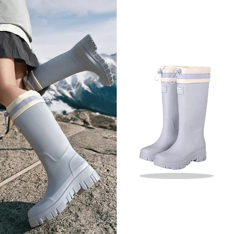 Women's Waterproof Rubber Rain Boots with Drawstring Collar and Chunky Lug Sole - Image 9