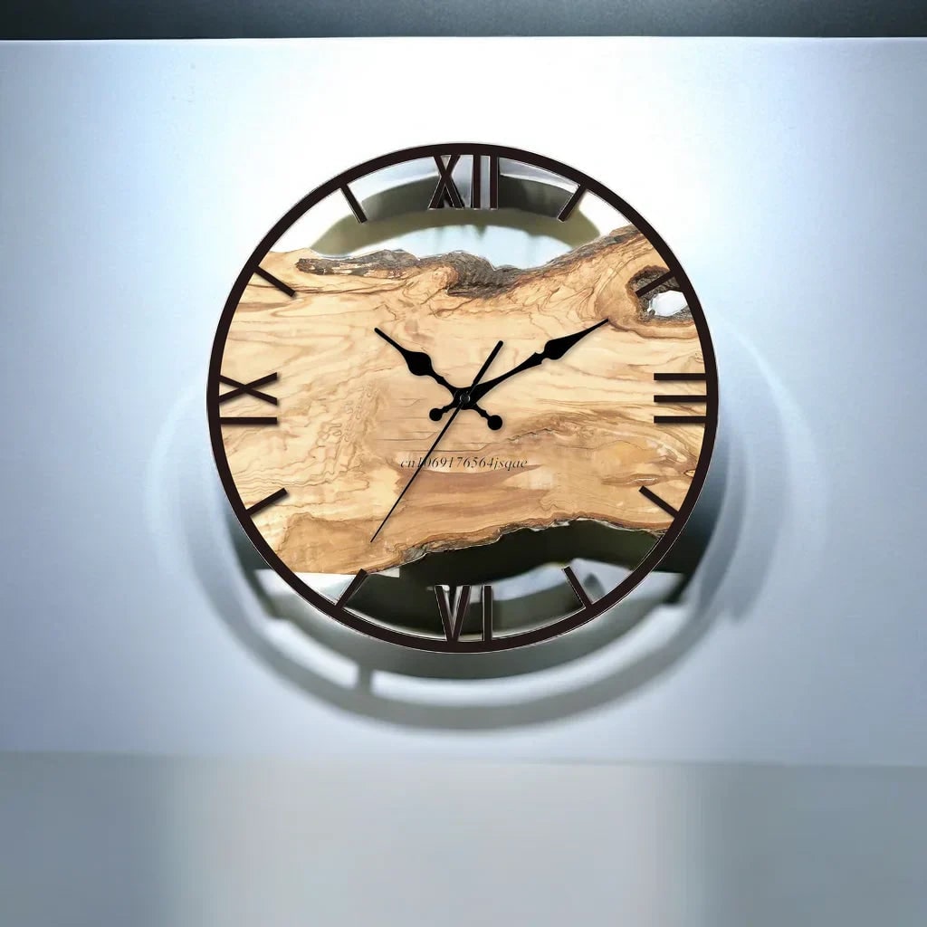Wood Wall Clock with Minimalist Design Natural Live Edge and Roman Numerals - Image 6