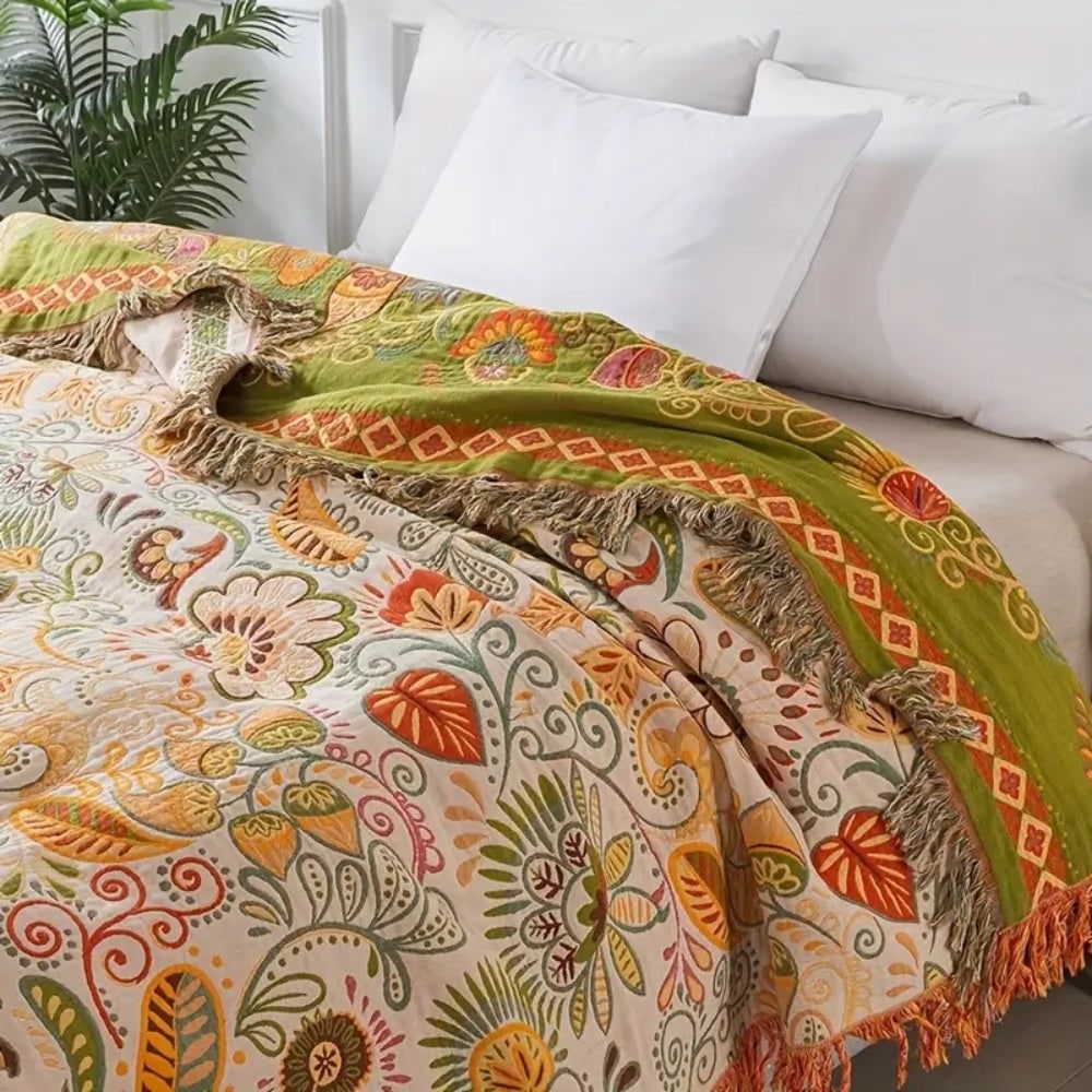Woven Throw Blanket with Reversible Boho Floral Pattern and Fringe - Image 2