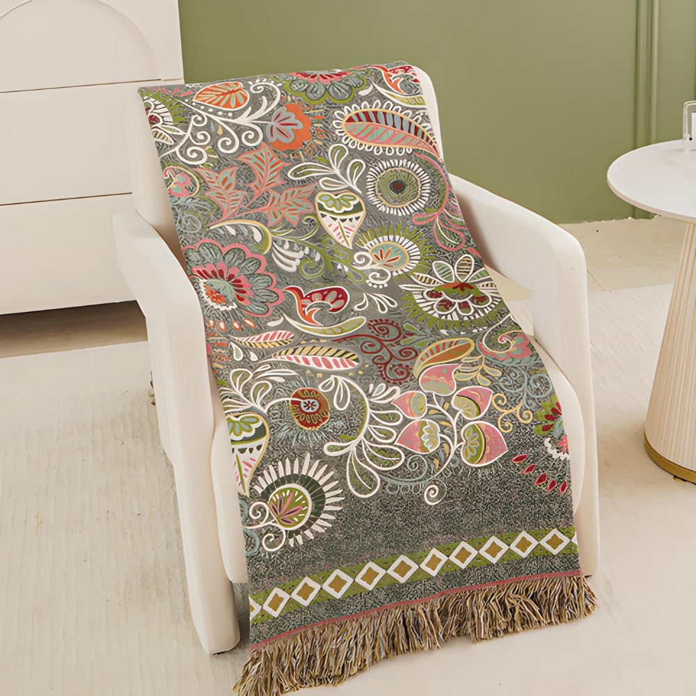 Woven Throw Blanket with Reversible Boho Floral Pattern and Fringe - Image 4