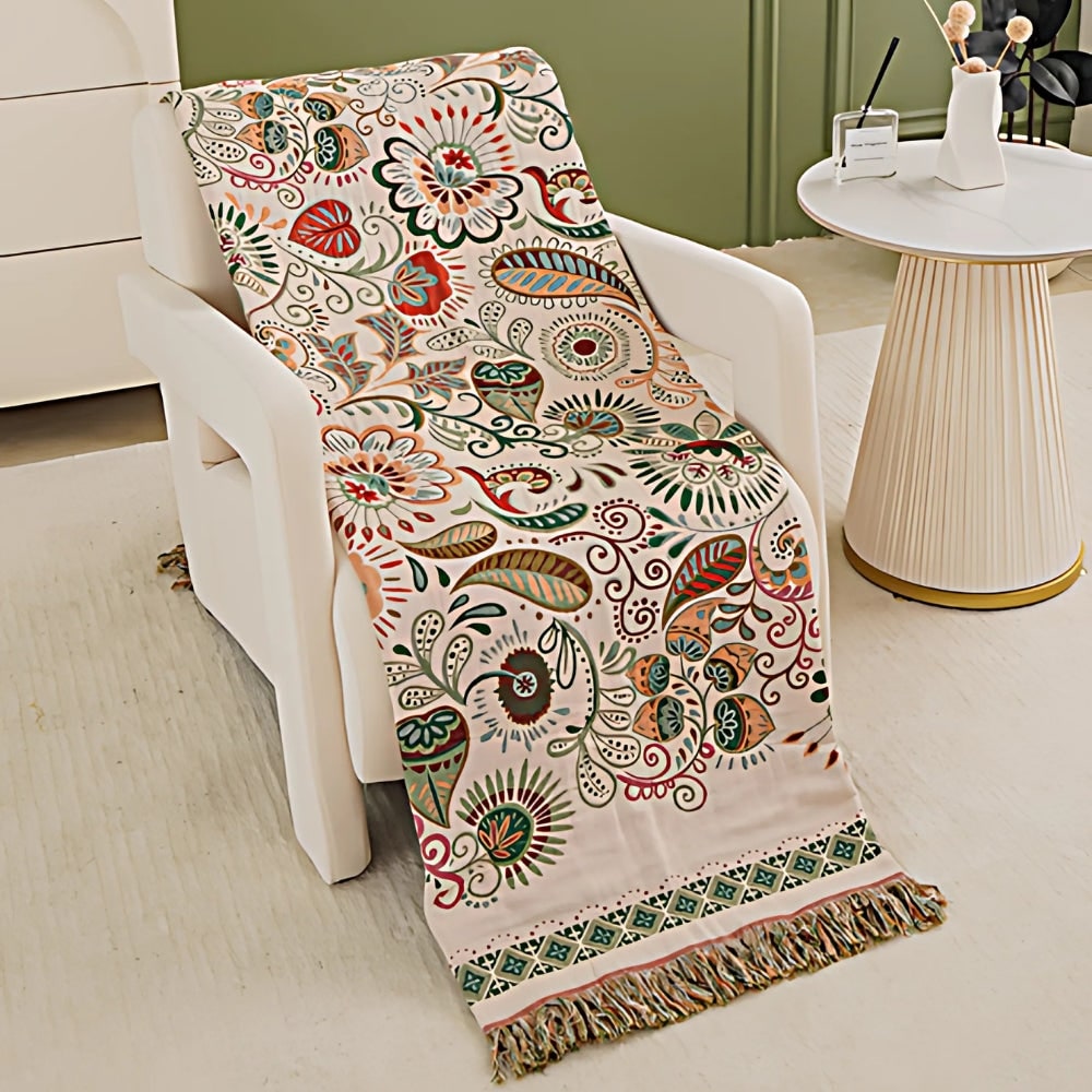 Woven Throw Blanket with Reversible Boho Floral Pattern and Fringe - Image 5